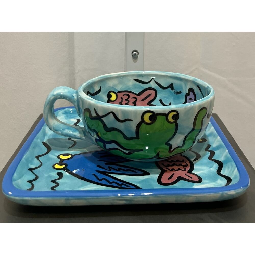 KATIE FREEDMAN  Blue Vintage Soup Mug and Plate Set Ocean Sea Creatures